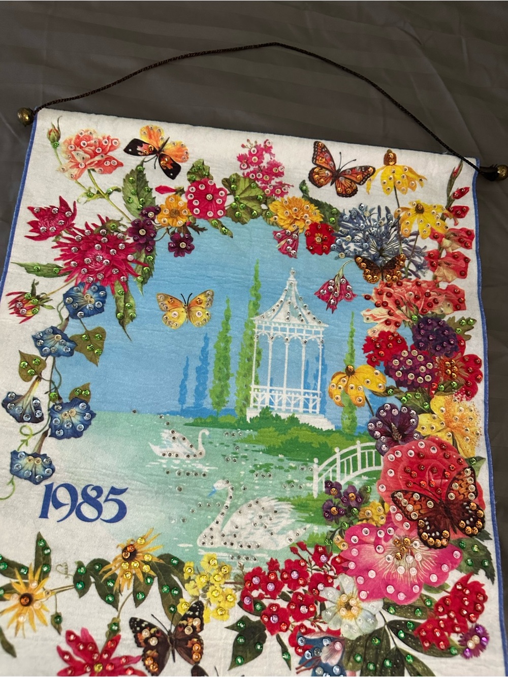 Vintage 1985 Sequined Floral Butterfly Gazebo Calendar Wall Hanging